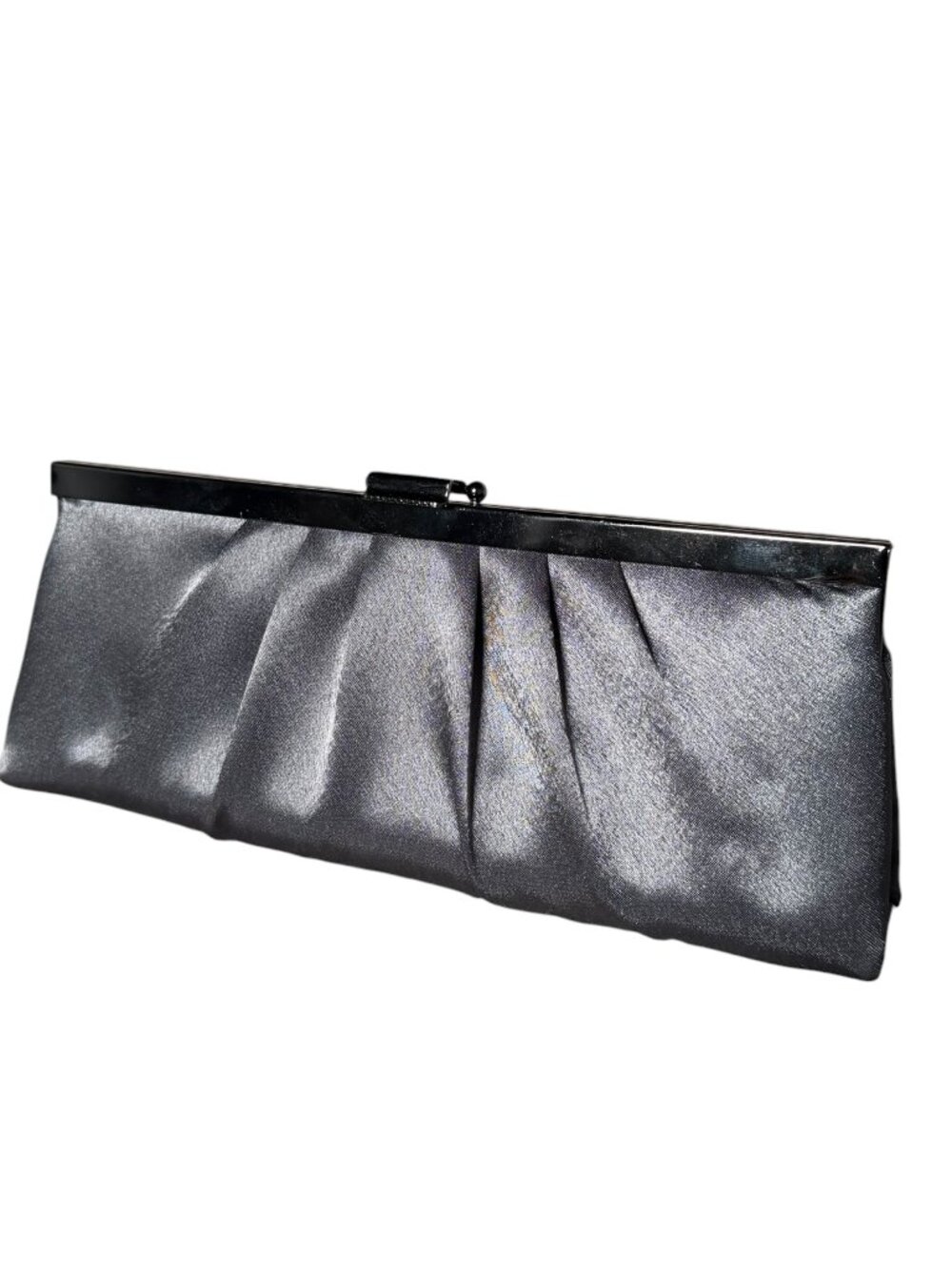 Jessica McClintock Gray Satin Evening Clutch Silver Frame Snap Closure